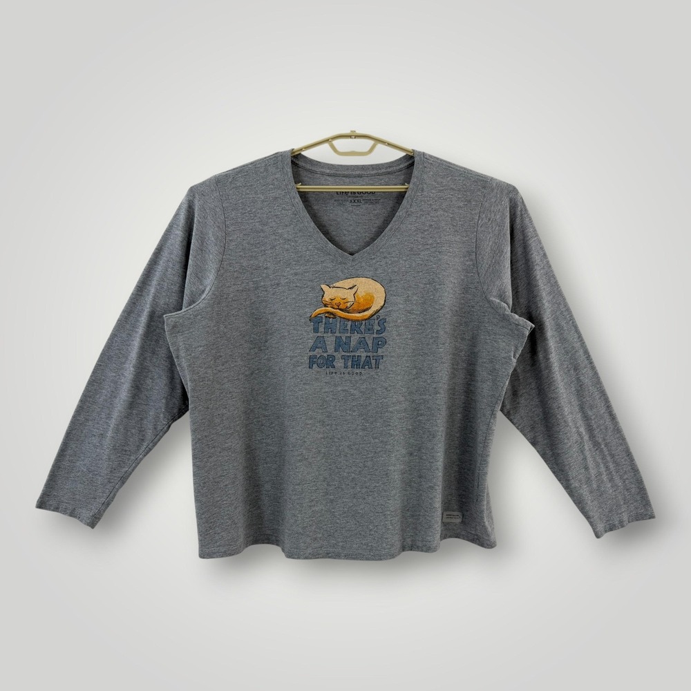 TITLE Life Is Good Womens 3XL Gray Cat Nap Crusher Tee V Neck Long Sleeve Shirt
